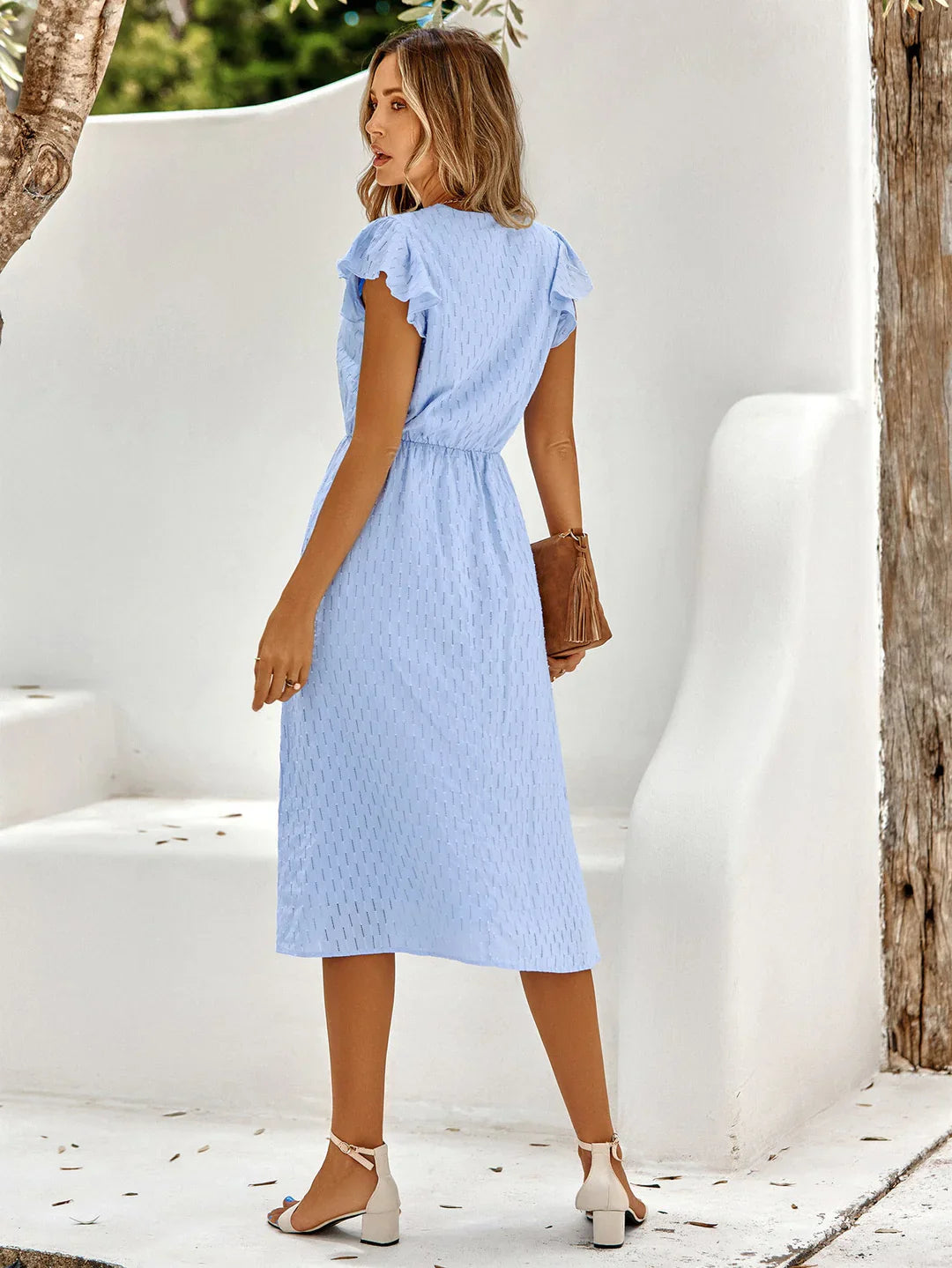 Women’s Patterned Midi Dress with V-Neck and Short Sleeves