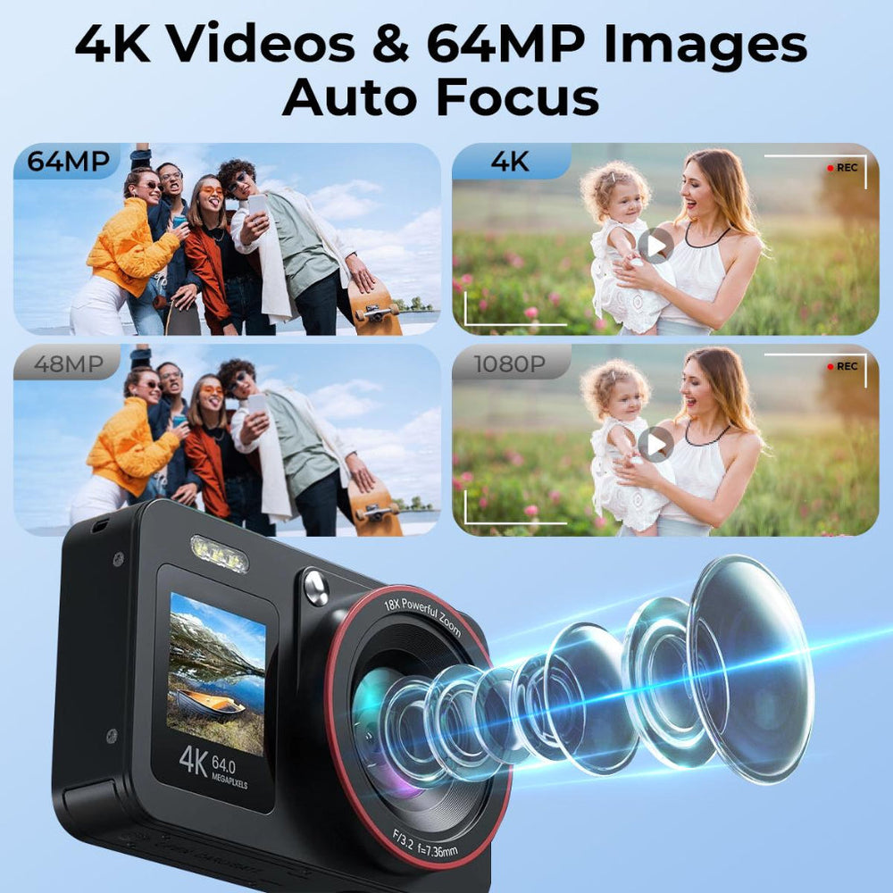 4K 64MP Digital Camera Dual Screen Selfie, 18X Zoom, 32GB Card & 2 Batteries for Beginners YouTube Vlog, Kentfaith