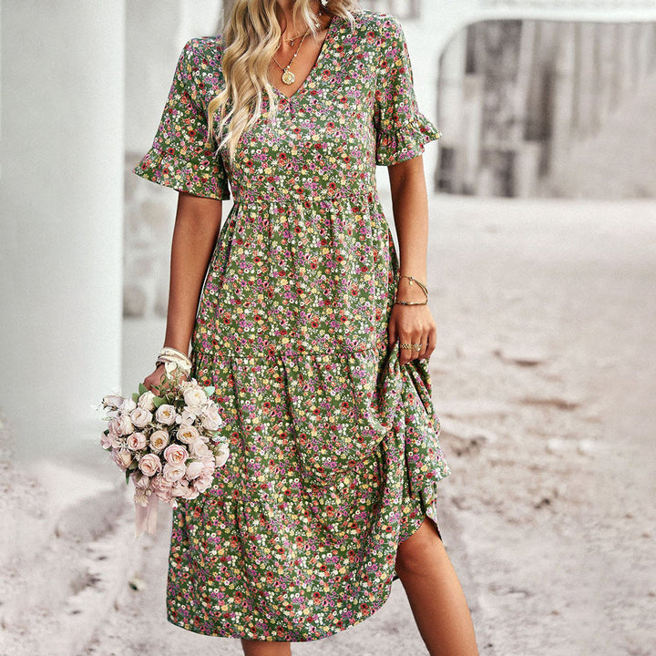 Women’s Floral Midi Dress with V-Neck and Ruffled Sleeves