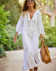 Women’s Ankle-Length Linen Dress with V-Neck and Puffy Sleeves