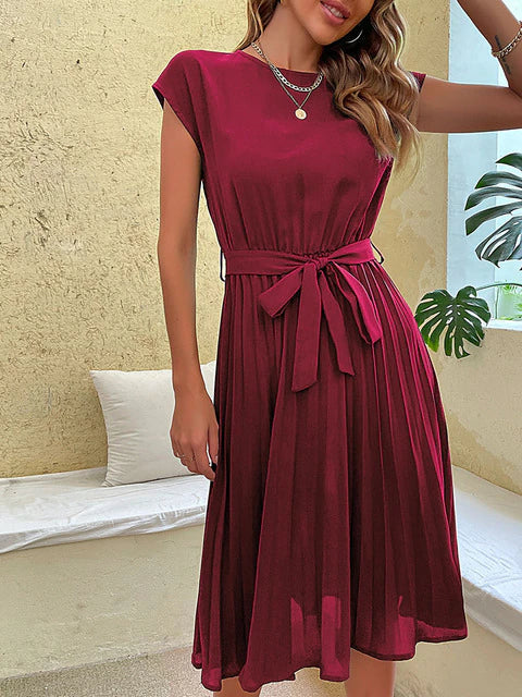 Women’s Pleated Midi Dress with Short Sleeves and Waist Belt