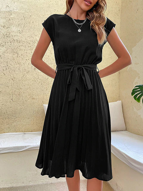 Women’s Pleated Midi Dress with Short Sleeves and Waist Belt