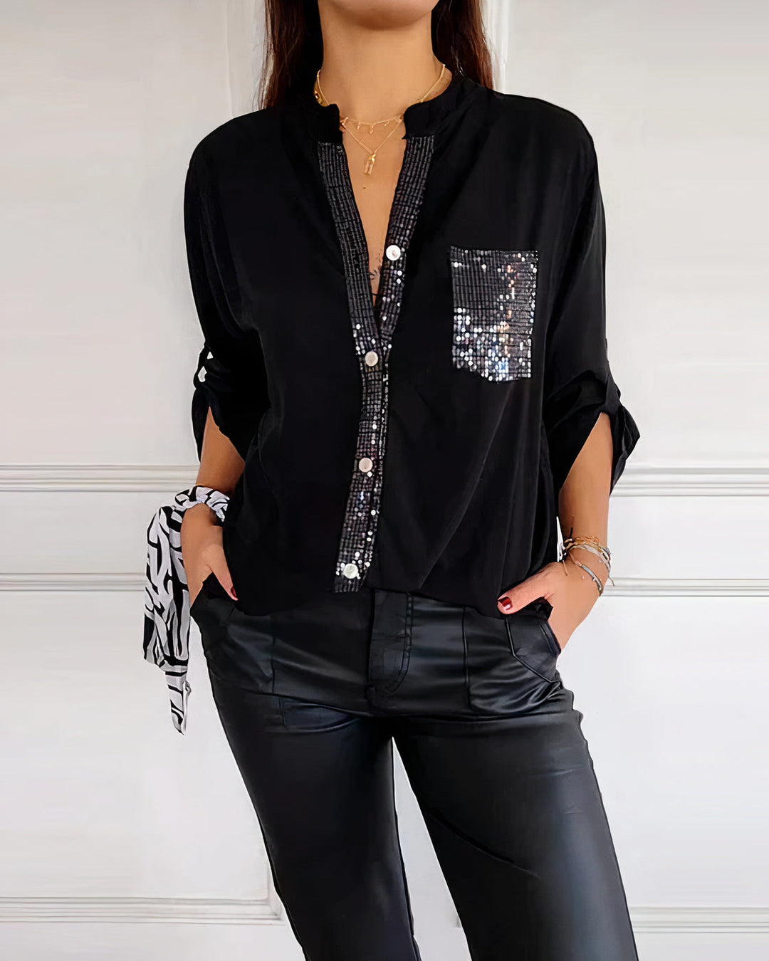 Women’s Summer Half Sleeve Blouse with Sequins and Buttons