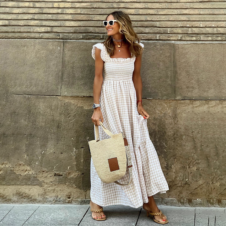 Women’s Checked Midi Dress with Tiered Skirt