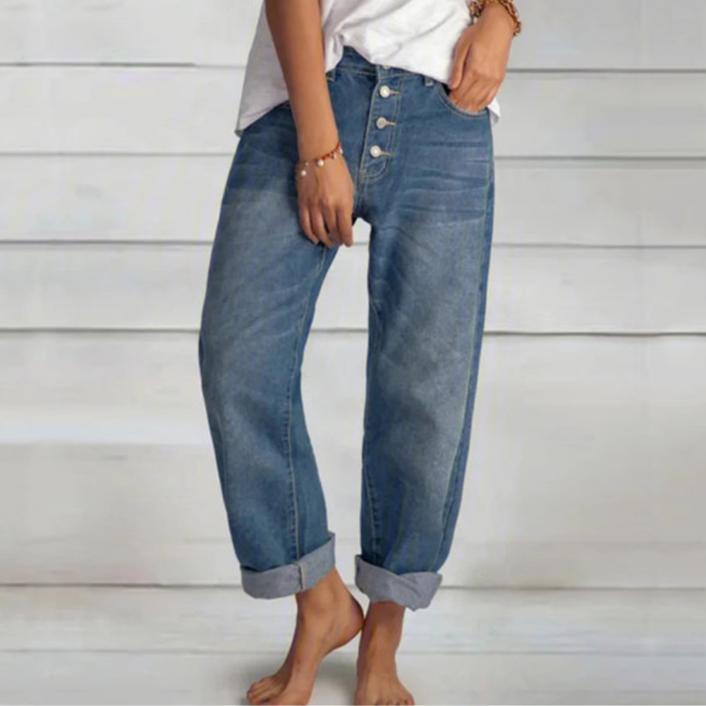 Women’s Denim Jeans with Button Closure and Pockets
