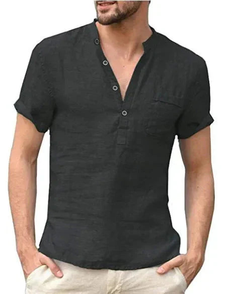 Men’s Short-Sleeve Linen Shirt with Chest Pocket