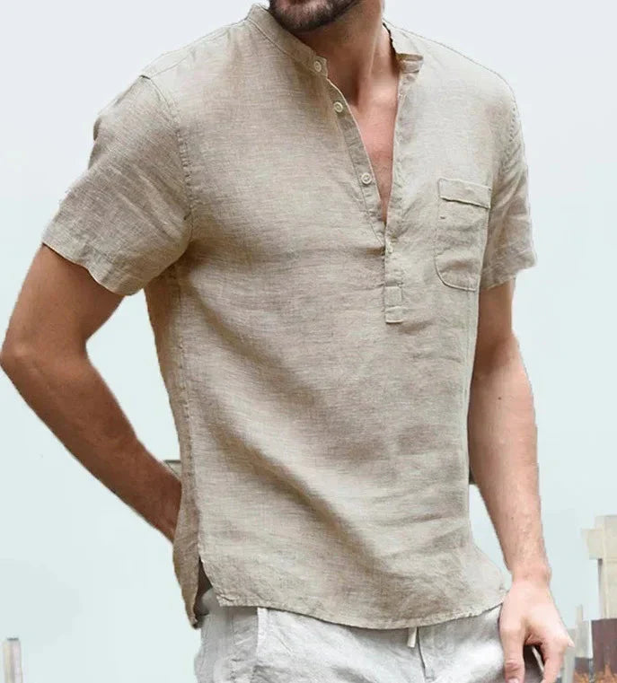 Men’s Short-Sleeve Linen Shirt with Chest Pocket
