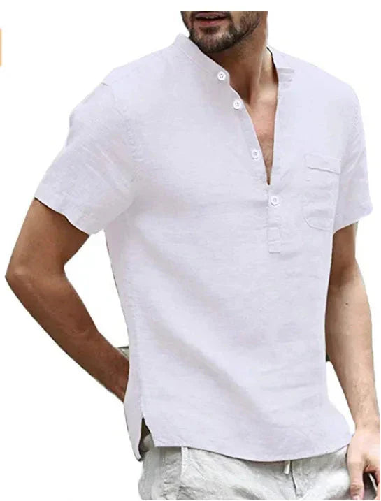Men’s Short-Sleeve Linen Shirt with Chest Pocket