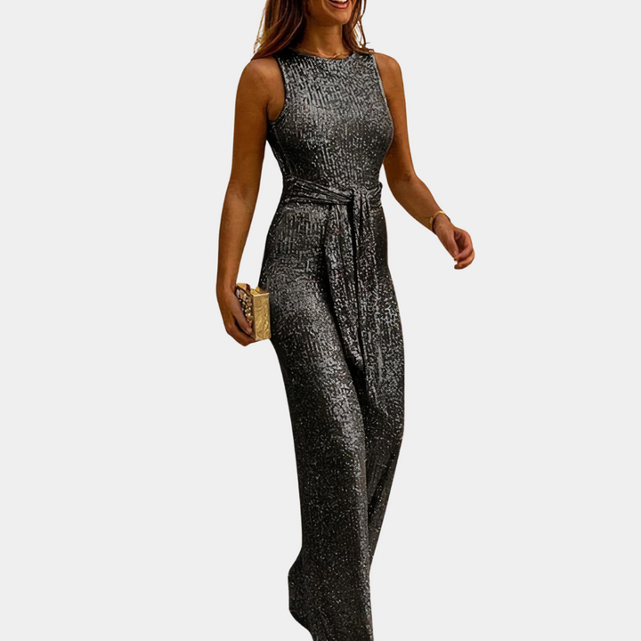 Women's Glitter Sleeveless Jumpsuit with Tie Belt