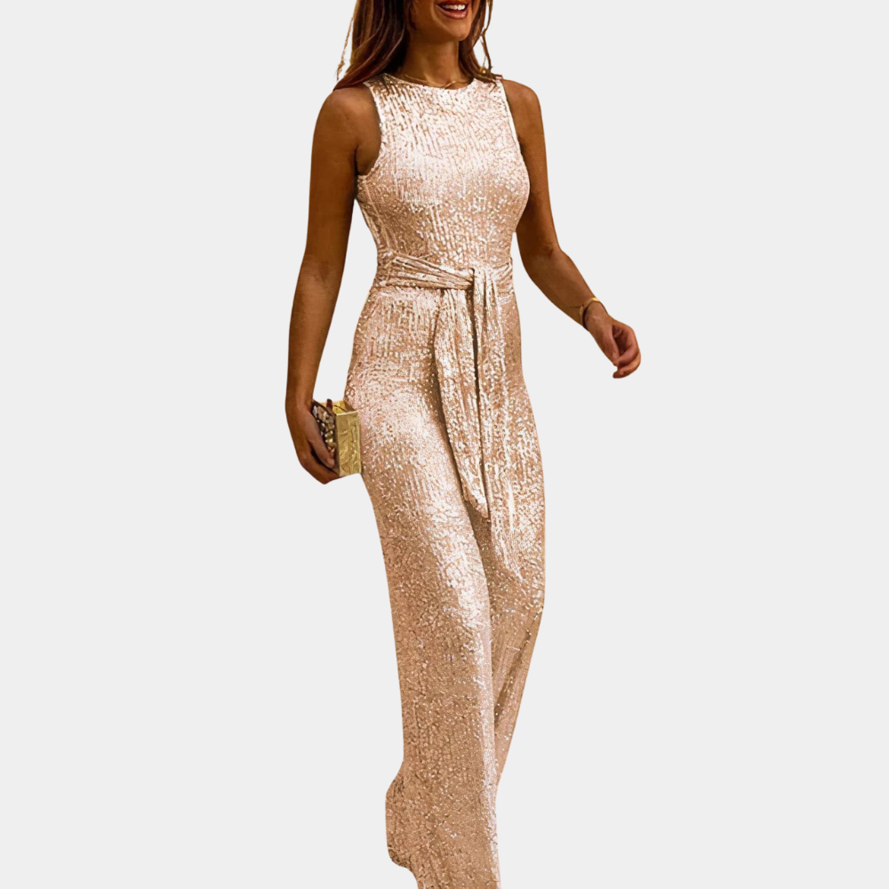 Women's Glitter Sleeveless Jumpsuit with Tie Belt