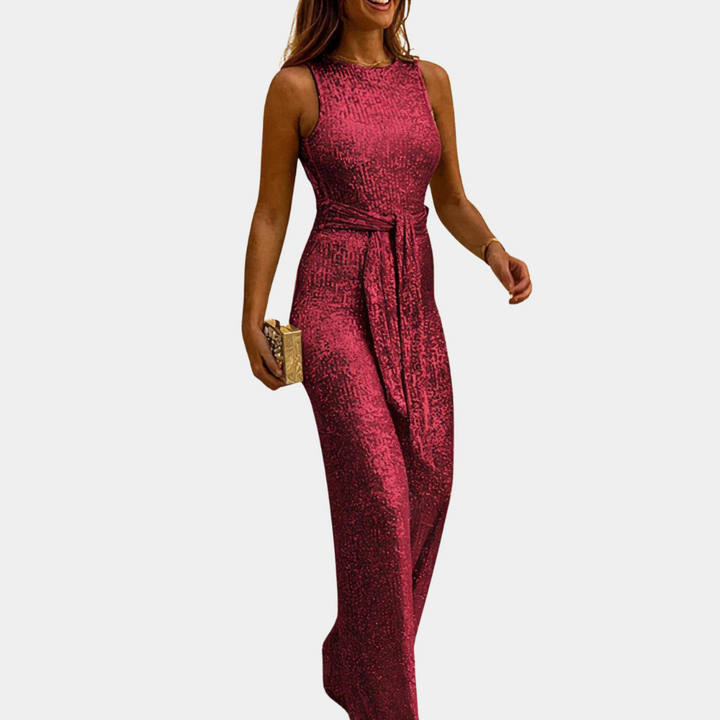 Women's Glitter Sleeveless Jumpsuit with Tie Belt