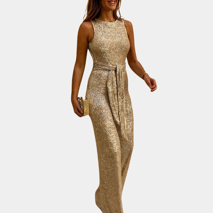 Women's Glitter Sleeveless Jumpsuit with Tie Belt