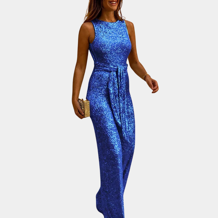 Women's Glitter Sleeveless Jumpsuit with Tie Belt
