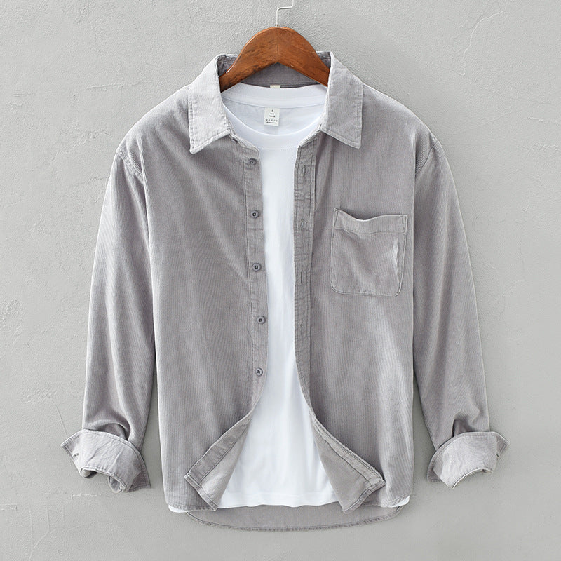 Corduroy Shirt with Buttons and Chest Pocket for Men