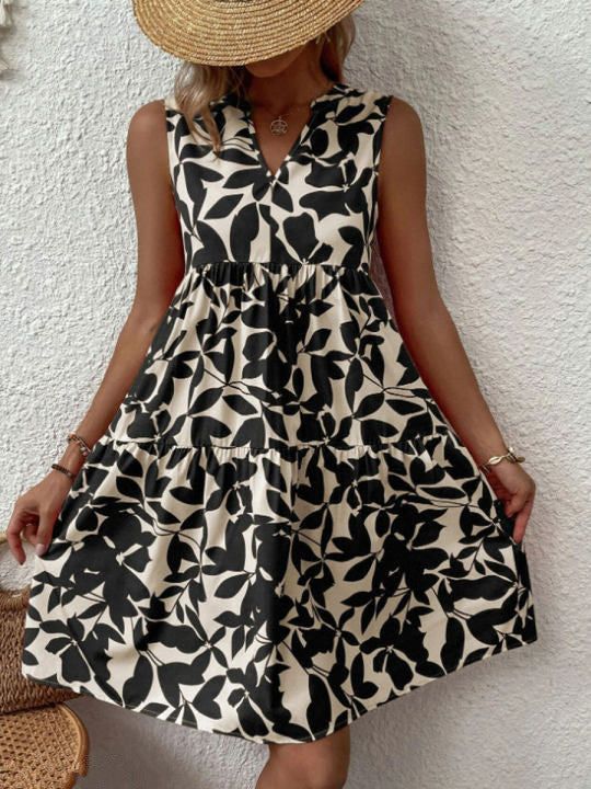 Women’s Mini Dress with Leaf Print and Tiered Skirt