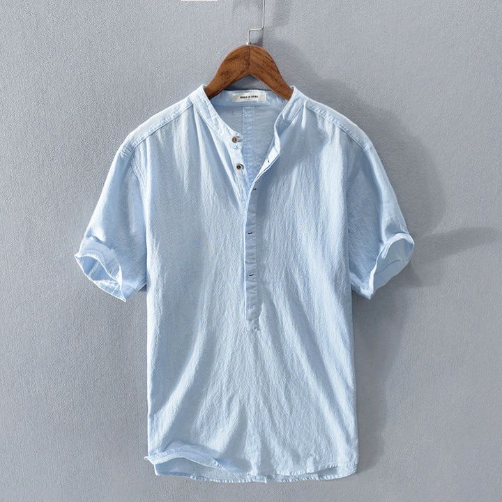 Men’s Short Sleeve Linen Shirt with Stand-Up Collar