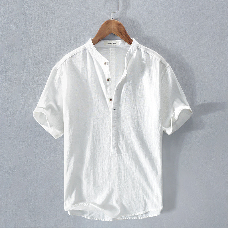 Men’s Short Sleeve Linen Shirt with Stand-Up Collar