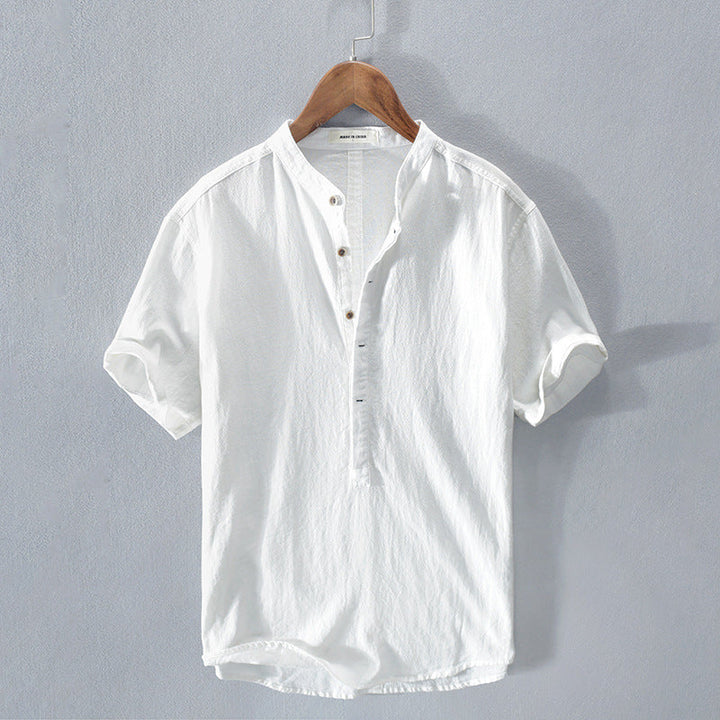 Men’s Short Sleeve Linen Shirt with Stand-Up Collar