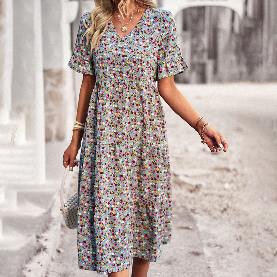 Women’s Floral Midi Dress with V-Neck and Ruffled Sleeves
