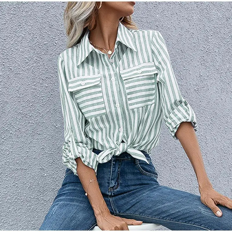 Women’s Striped Button-Down Shirt with Chest Pockets