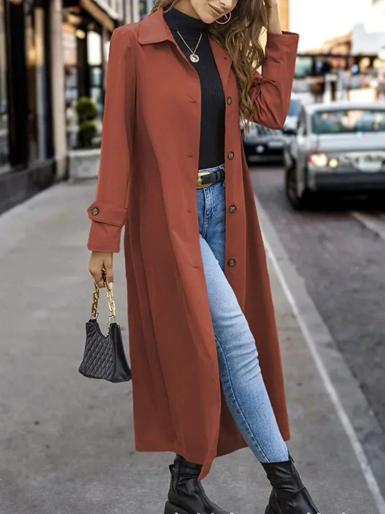 Long Trench Coat with Buttons for Women