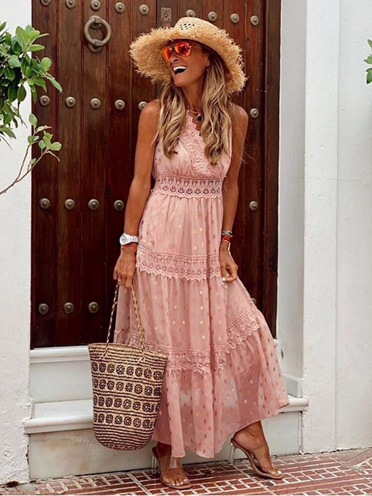 V-neck Summer Dress with Laces for Women