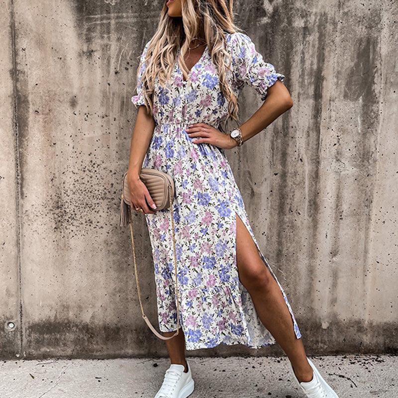 Women’s Midi Dress with V-Neck and Floral Pattern