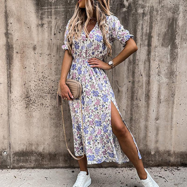 Women’s Midi Dress with V-Neck and Floral Pattern