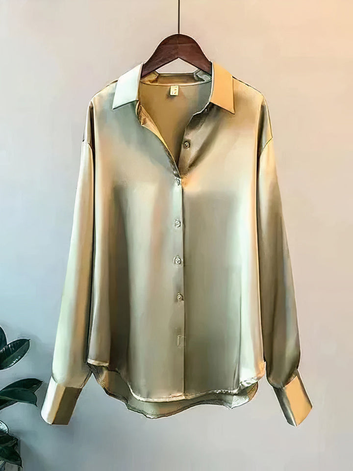 Women’s Satin Blouse with Long Sleeves and Button Collar