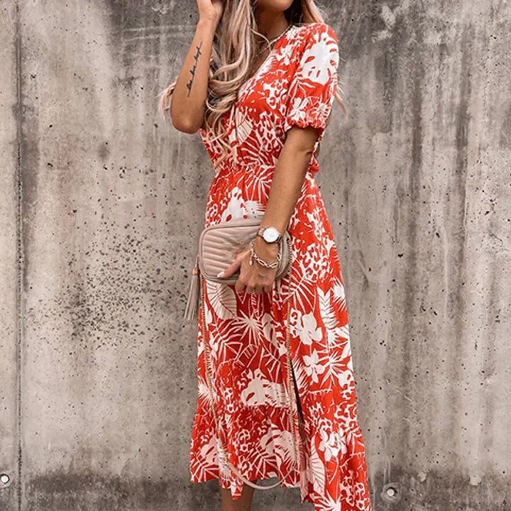 Women’s Midi Dress with V-Neck and Floral Pattern