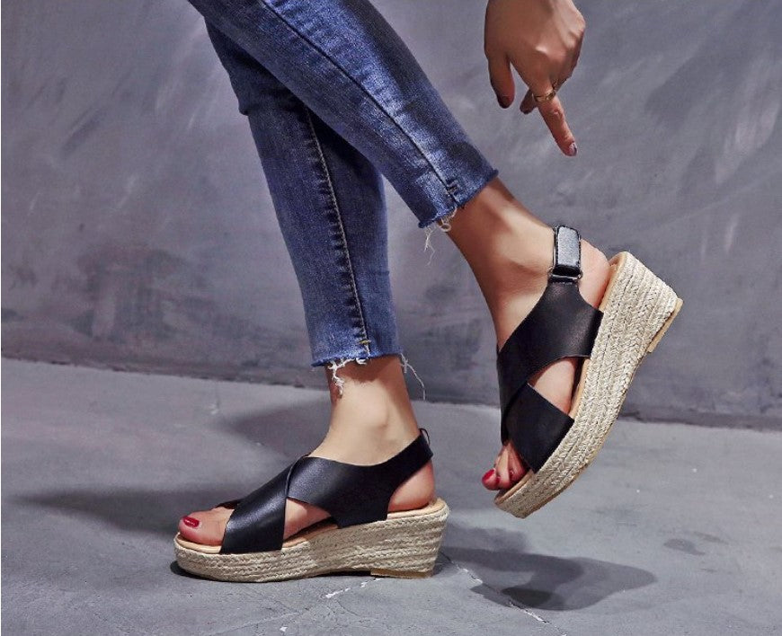 Women’s Open Toe Wedge Sandals with Cross-Strap Upper