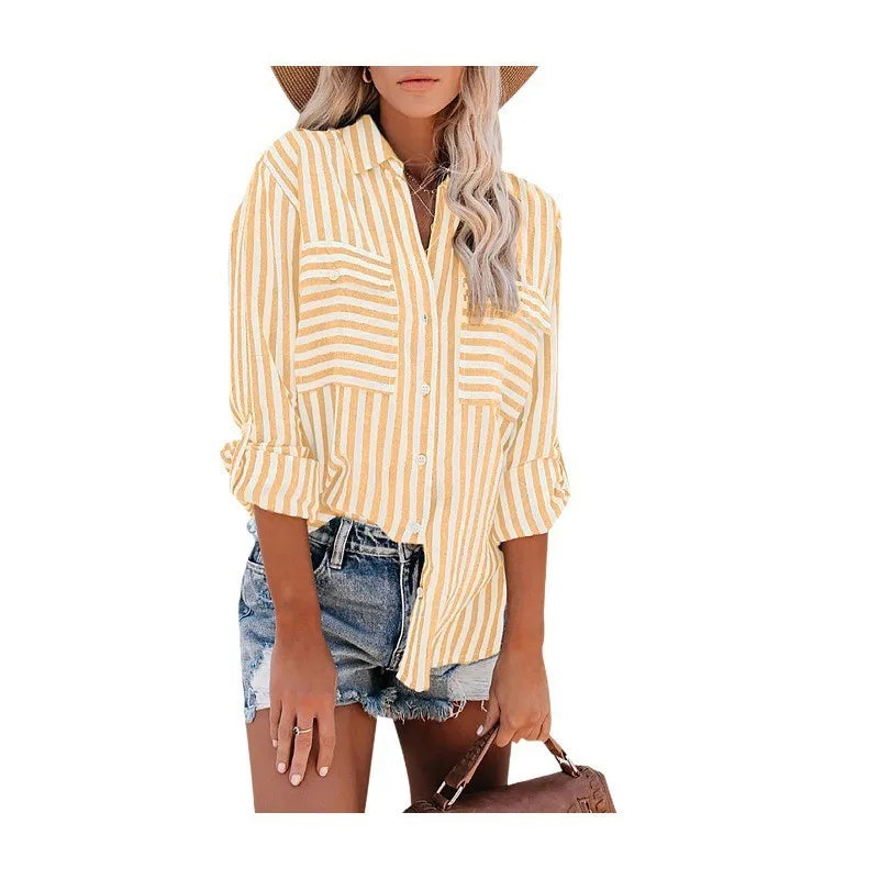 Women’s Striped Button-Down Shirt with Chest Pockets