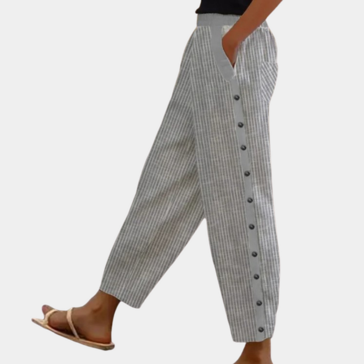 Women's Striped Pants with Button Detail