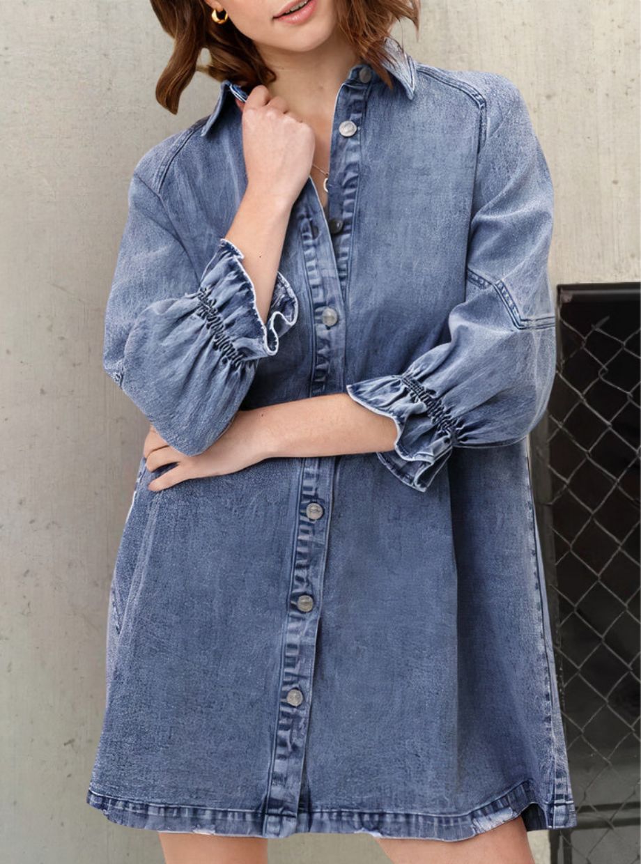 Women’s Mini Denim Shirt Dress with Ruffle Sleeves