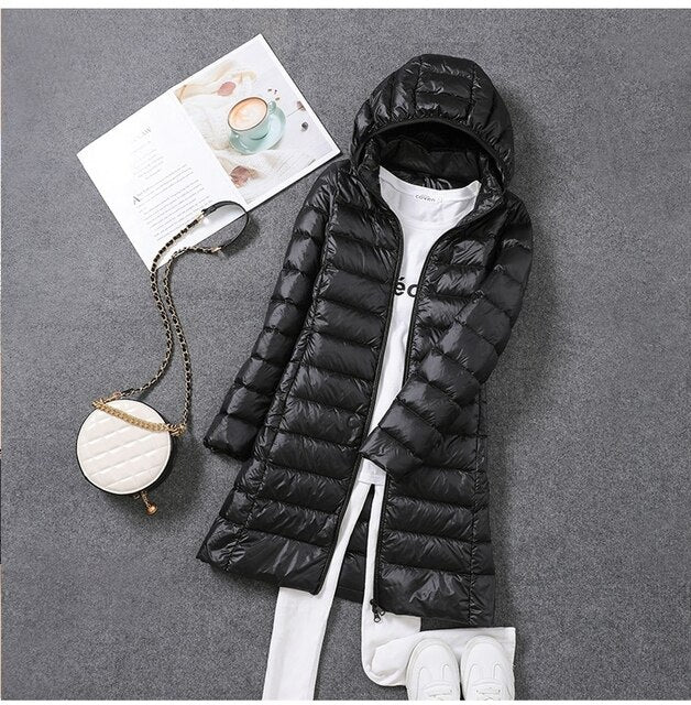 Long Down Jacket with Detachable Hood for Women Stay Warm and Stylish All Season Long