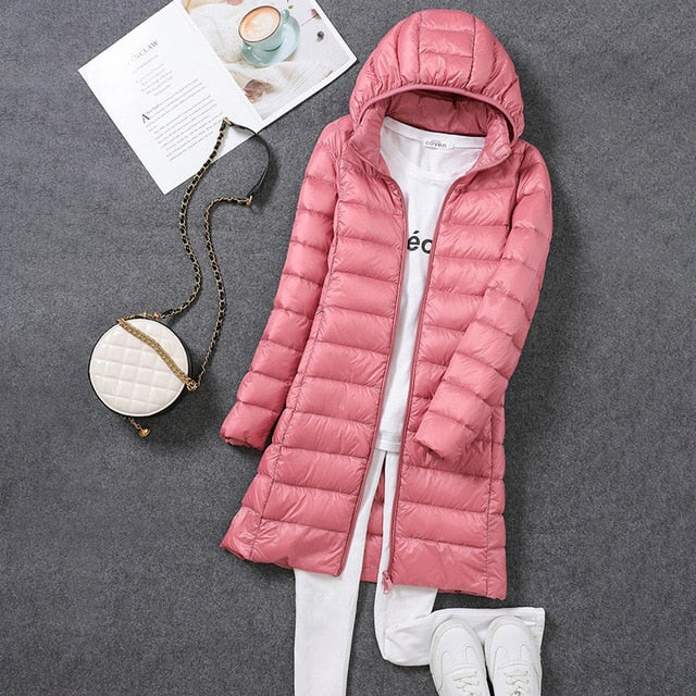 Long Down Jacket with Detachable Hood for Women Stay Warm and Stylish All Season Long
