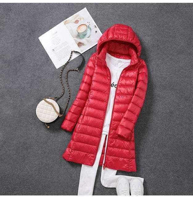 Long Down Jacket with Detachable Hood for Women Stay Warm and Stylish All Season Long