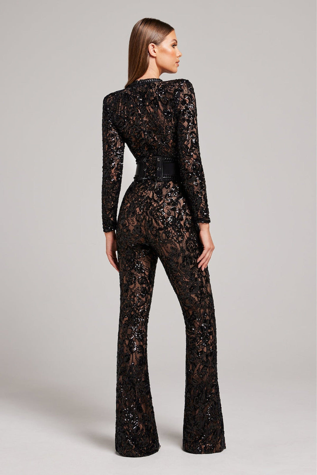 Women's Lace Jumpsuit with Long Sleeve and Belt Style