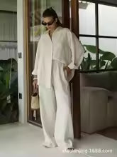 Women's Two Piece Set with Long Sleeve Top and Wide Leg Pants