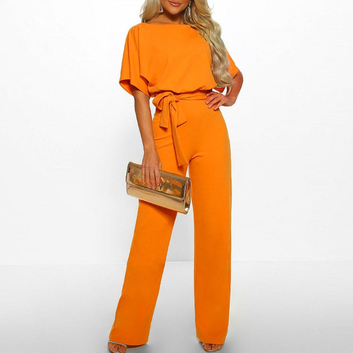 Women’s Short-Sleeve Jumpsuit with Tie Belt