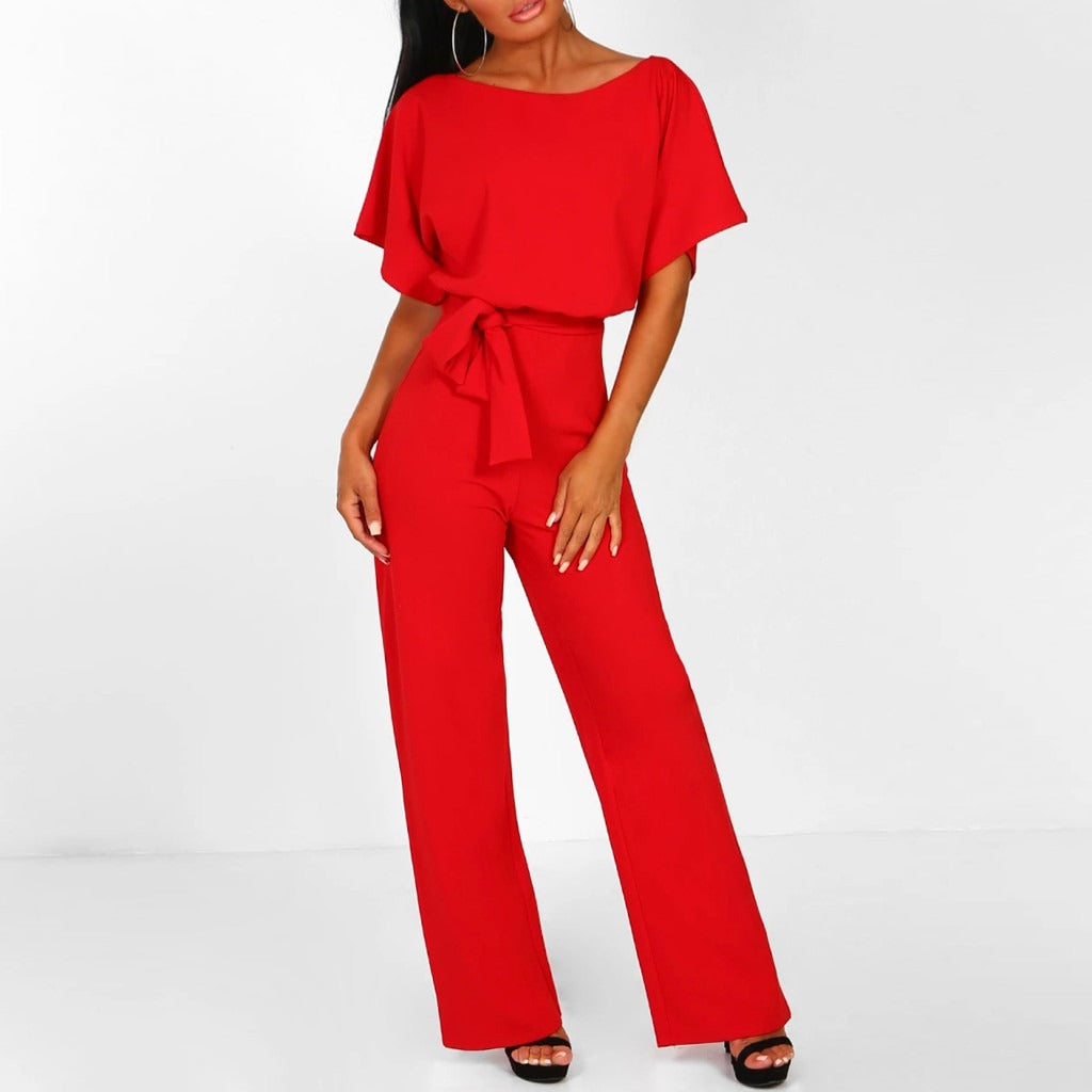 Women’s Short-Sleeve Jumpsuit with Tie Belt