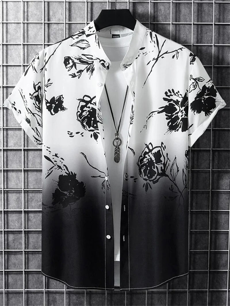 Men’s Short-Sleeved Shirt with Button Placket and Print