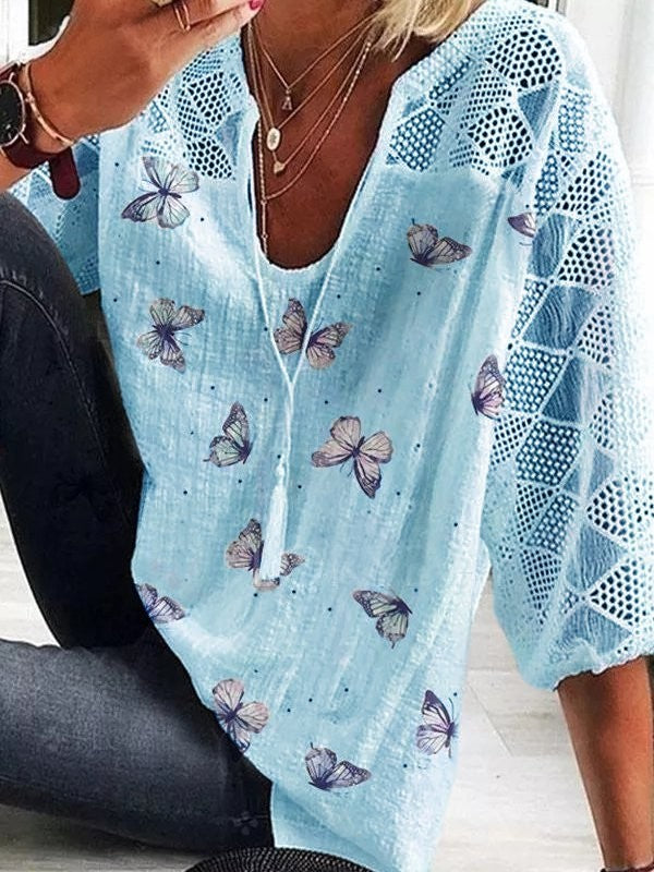 Women’s V-Neck Printed Blouse with Lace Detail