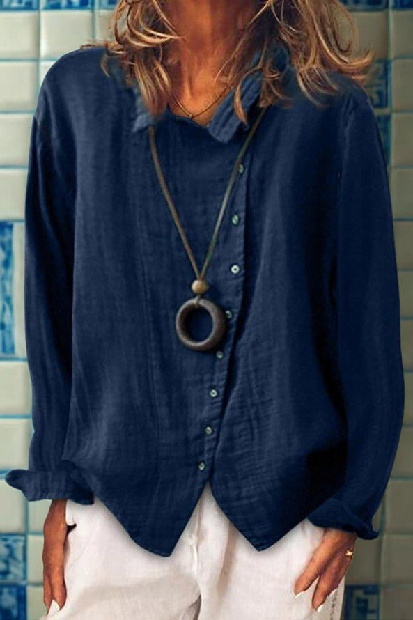 Women’s Linen Button-Down Shirt with Angled Hem