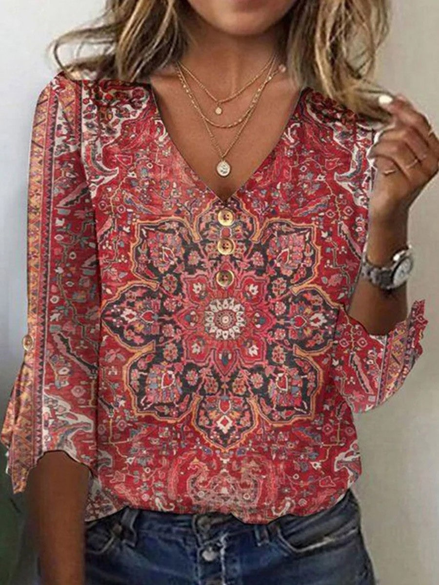 Women’s Floral Pattern V-Neck Shirt