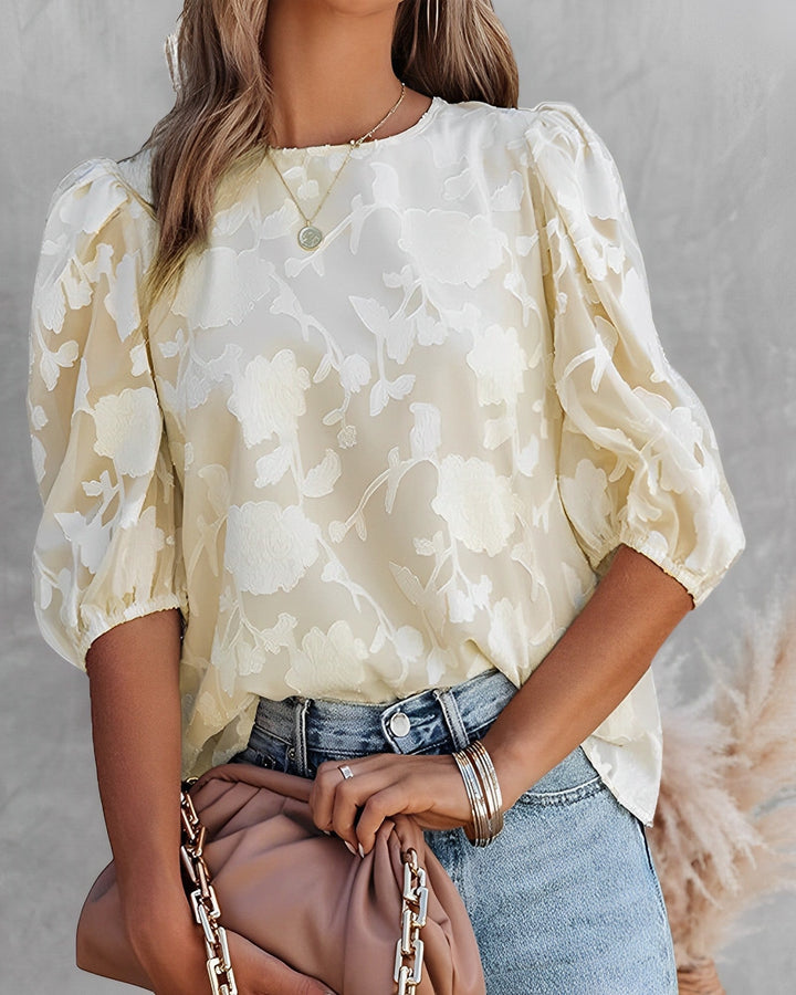 Women’s Summer Blouse with Floral Jacquard Pattern and Puff Sleeves