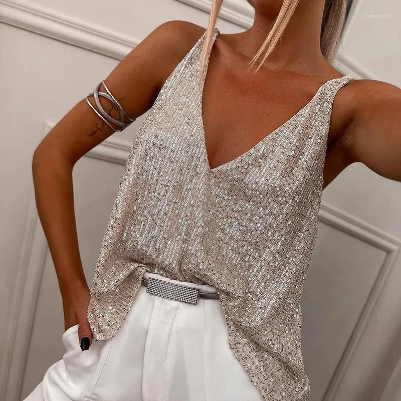 Women’s Sleeveless V-neck Sequin Top for Summer