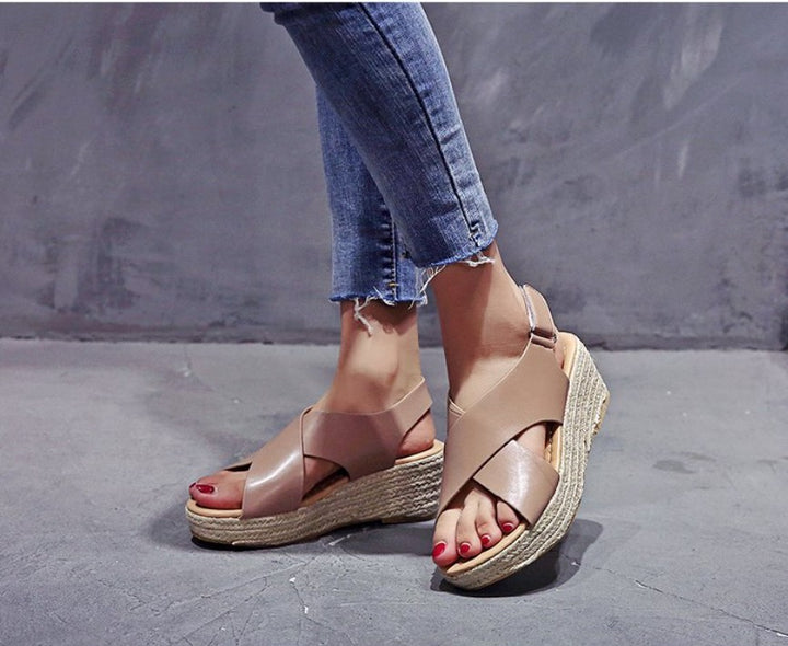 Women’s Open Toe Wedge Sandals with Cross-Strap Upper