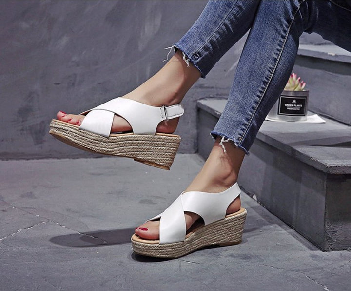 Women’s Open Toe Wedge Sandals with Cross-Strap Upper