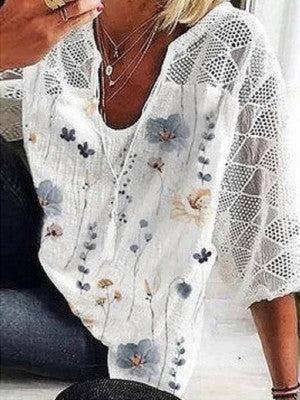Women’s V-Neck Printed Blouse with Lace Detail